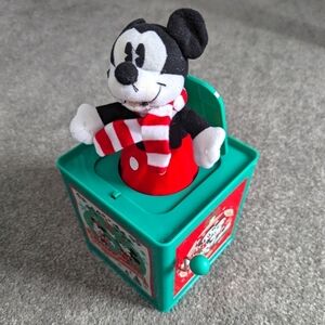 Christmas Holiday Disney Mickey Mouse Retro Tin Jack in the Box Musical Toy